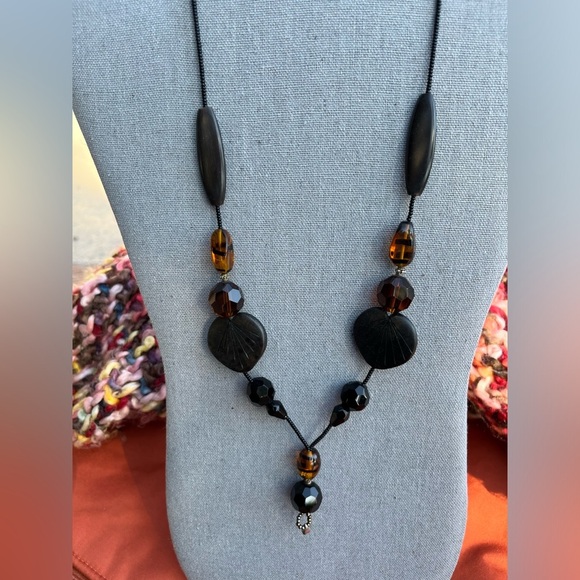 Hand Crafted Jewelry - Vintage Artisan Necklace Carved Wood & Glass Beads Silver Tone Clasp